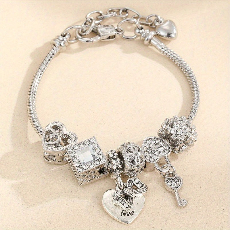 Stainless Steel Charm Bracelet With Rhinestone Heart& Key Charms