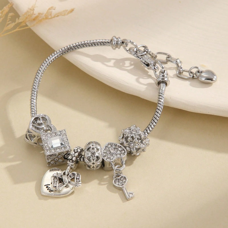 Stainless Steel Charm Bracelet With Rhinestone Heart& Key Charms