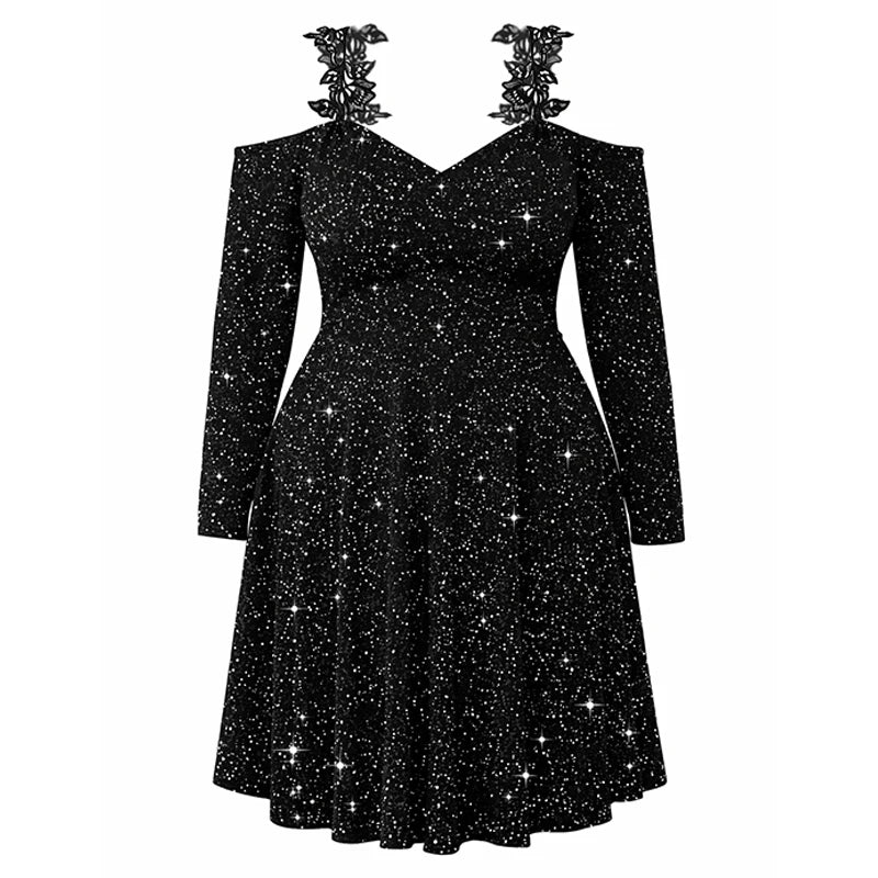 Women’s Black Off Shoulder Sequin Velvet Dress