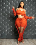 Fall Tassel Splicing Women's Set Draped Long Sleeve Crop Tops and Cut Out Pants