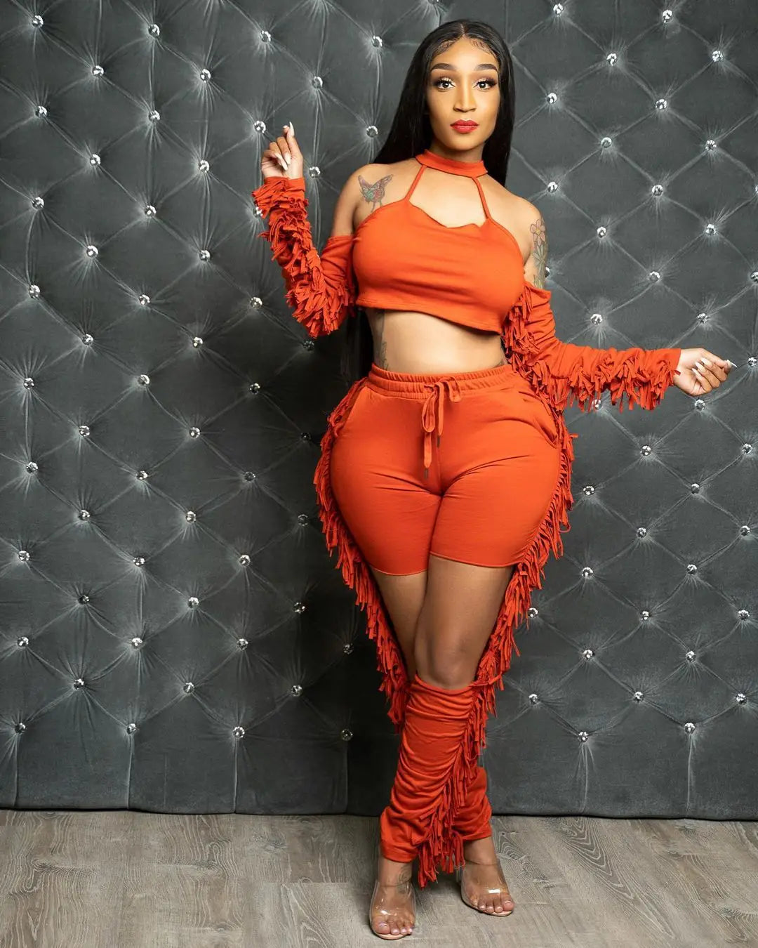 Fall Tassel Splicing Women's Set Draped Long Sleeve Crop Tops and Cut Out Pants