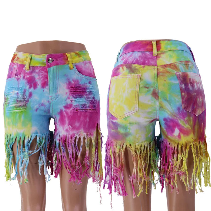 Tie Dye Long Tassel Denim Shorts