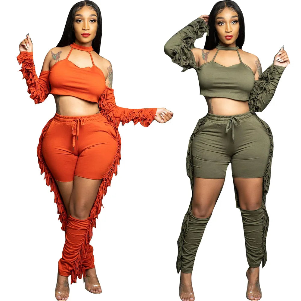 Fall Tassel Splicing Women's Set Draped Long Sleeve Crop Tops and Cut Out Pants
