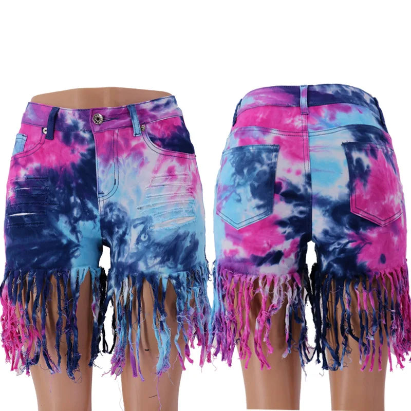 Tie Dye Long Tassel Denim Shorts