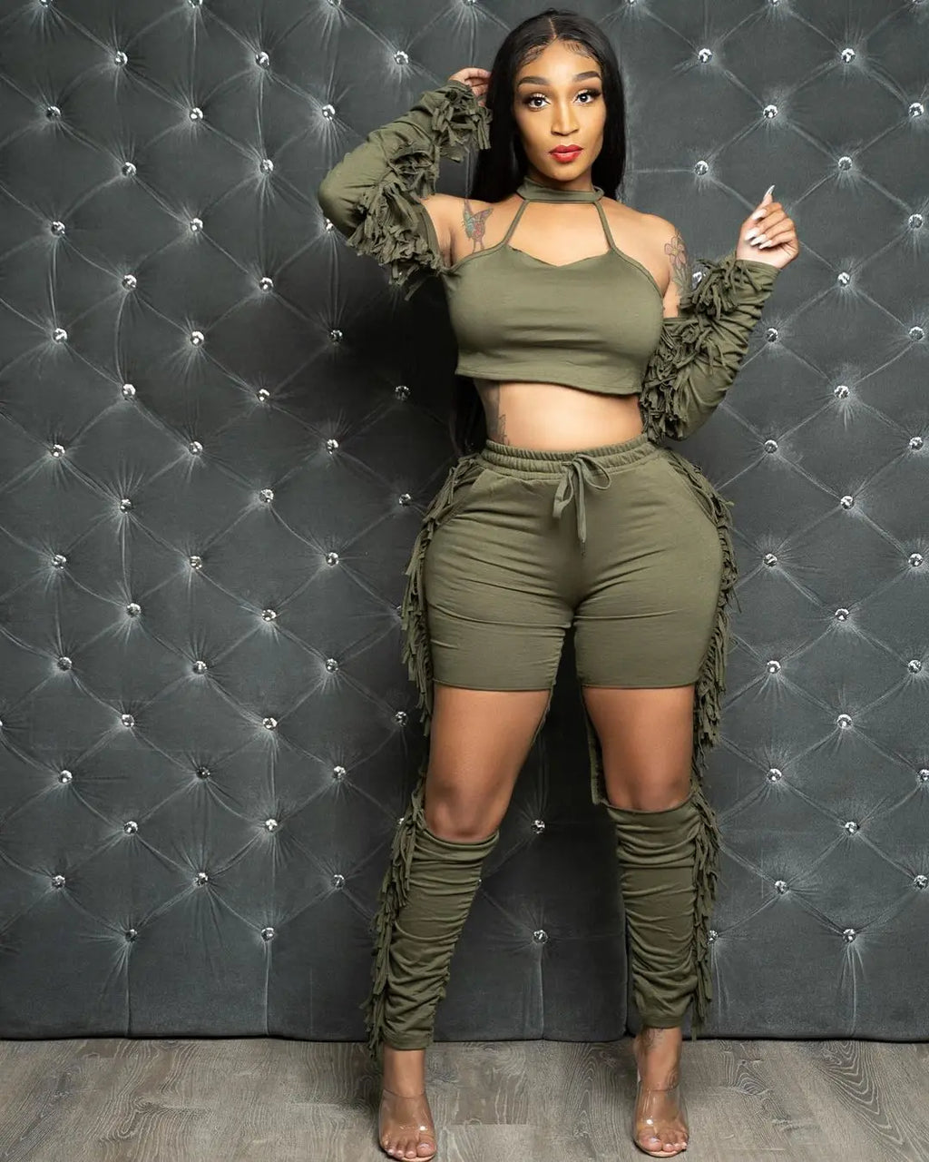 Fall Tassel Splicing Women's Set Draped Long Sleeve Crop Tops and Cut Out Pants