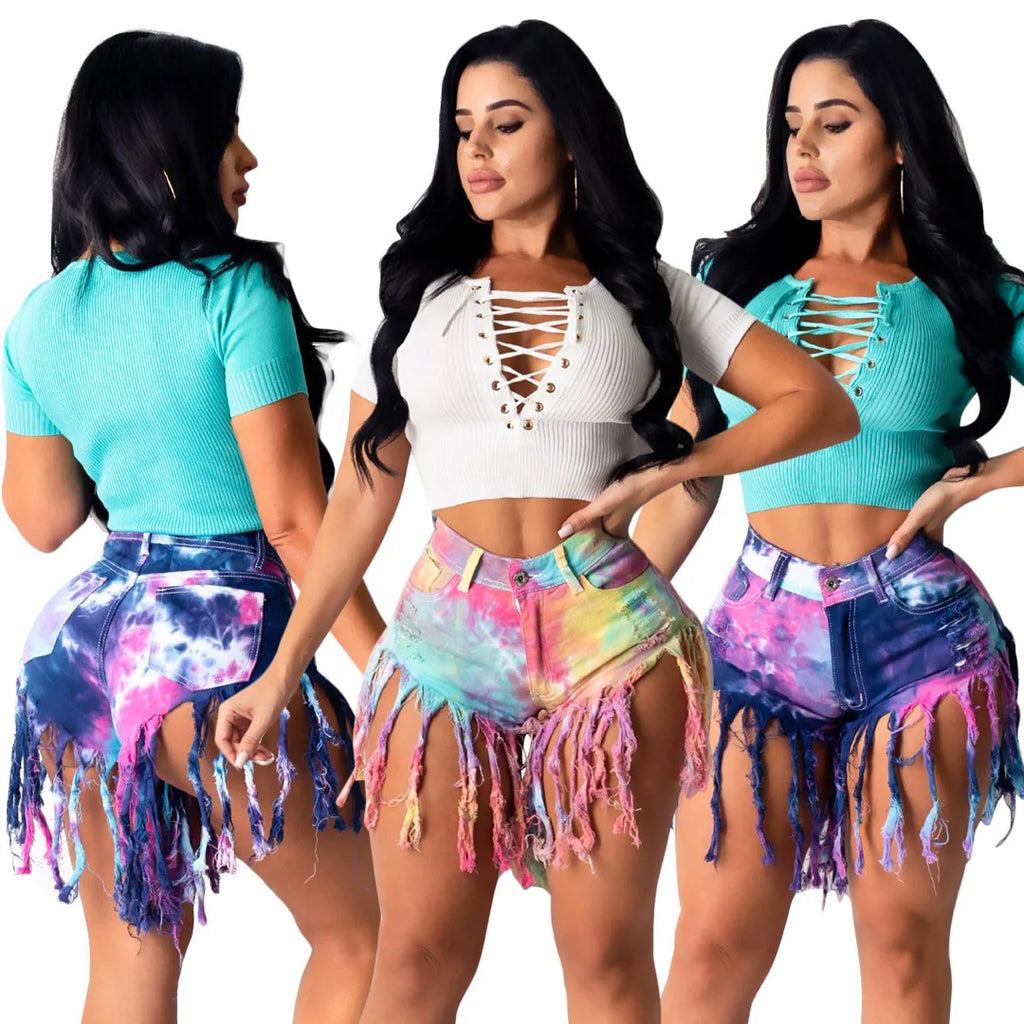 Tie Dye Long Tassel Denim Shorts