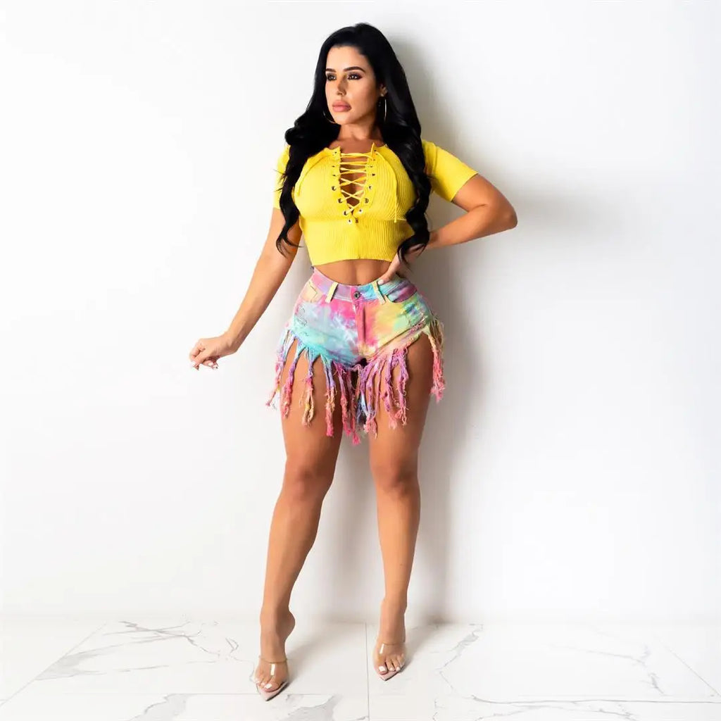 Tie Dye Long Tassel Denim Shorts