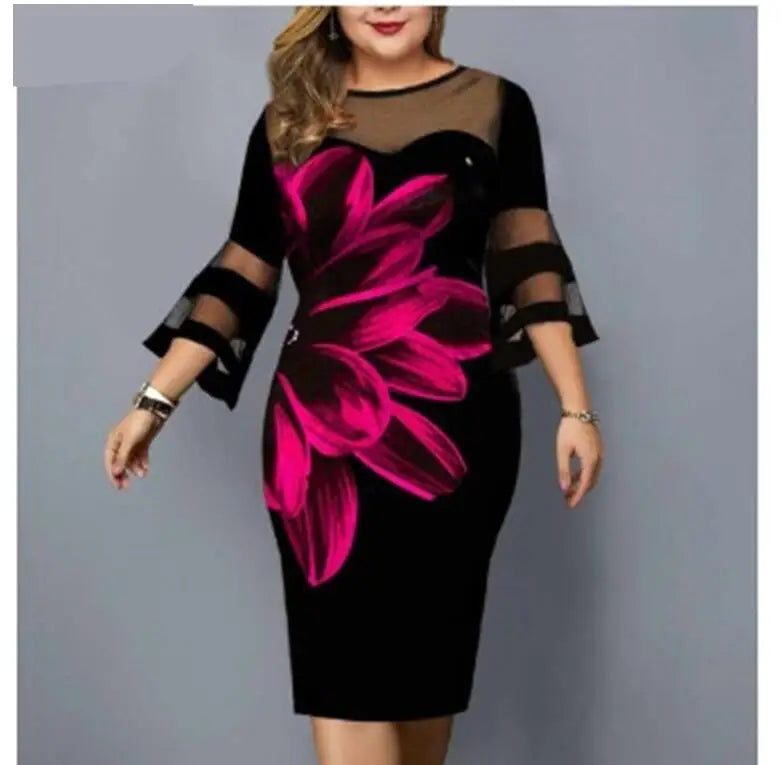 Plus Size Mesh Vintage Floral Printed Elegant Ladies Party Dresses