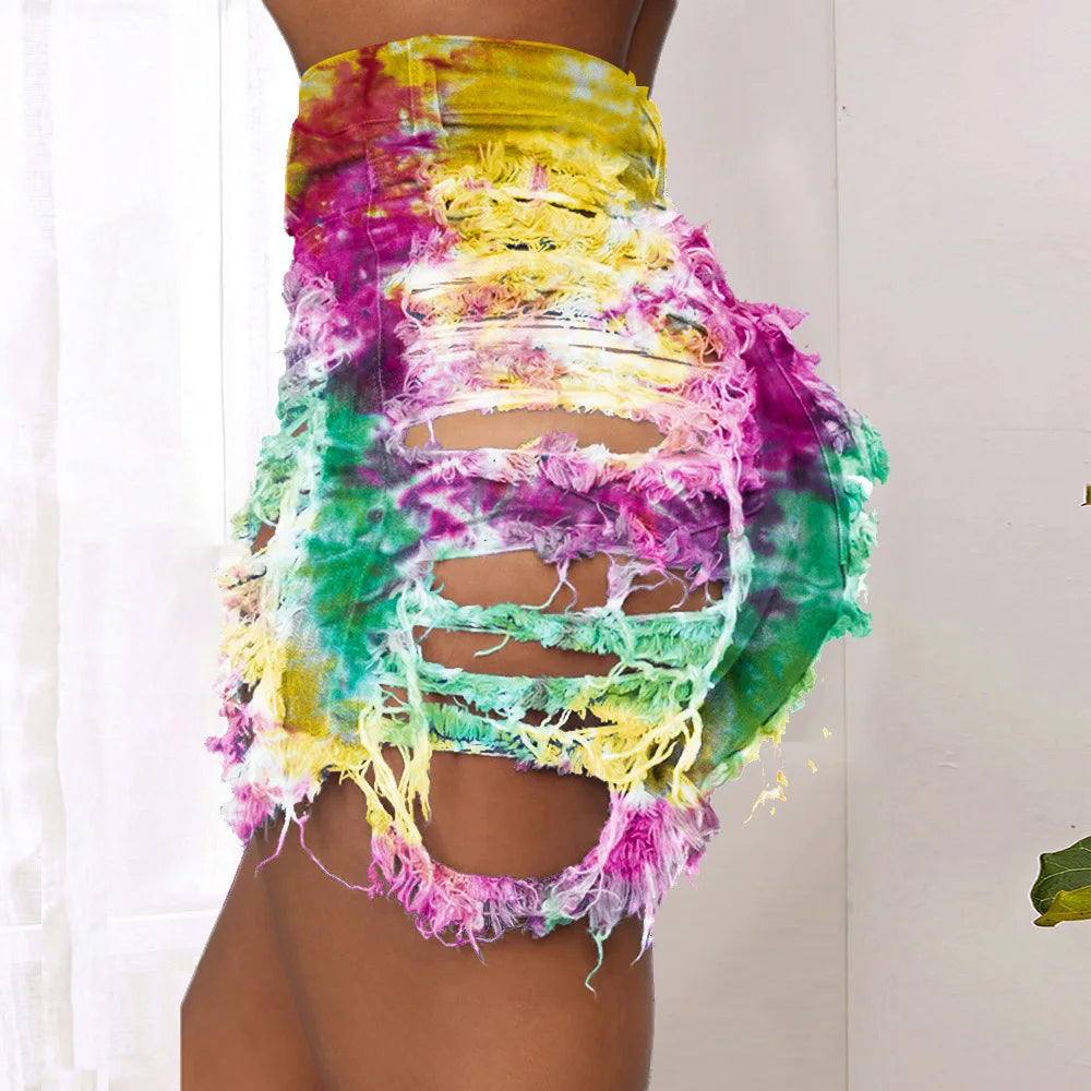 Tie Dye Ripped up Denim Shorts