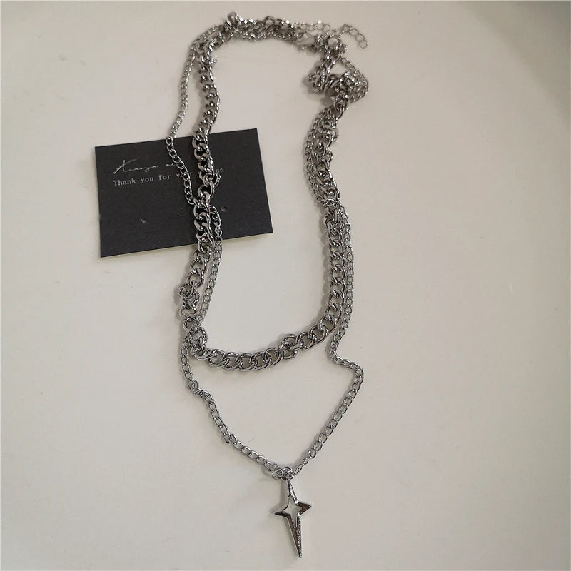 Punk Rock Goth Black Heart Cross Pendant Chain Necklace