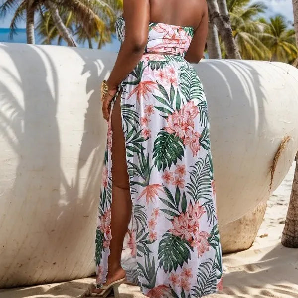 Plus Size Halter Bikini Long Skirt 3 Piece High Waist Swimsuit