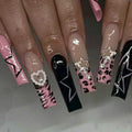 24Pc Long Ballet False Nails Pink Butterfly with Rhinestones French Design
