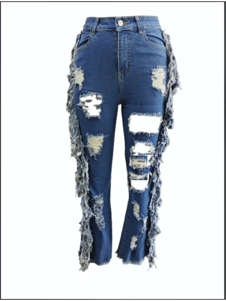 Blue Pocket Ripped Pants Women's Jeans