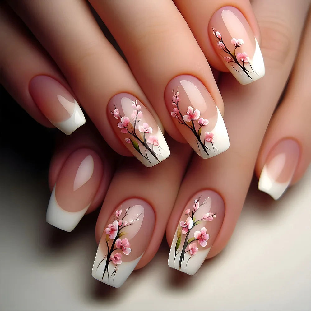 24pc Press on Nails Flower Design Mid-length Ballet