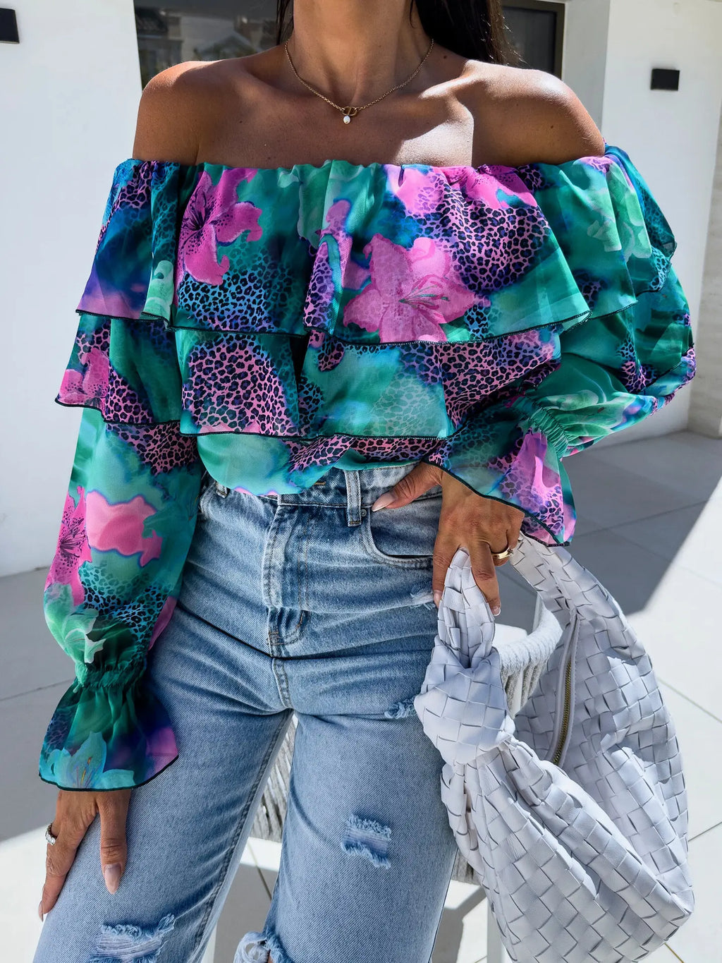 Women's Off Shoulder Floral Print Blouse with Tiered Ruffles