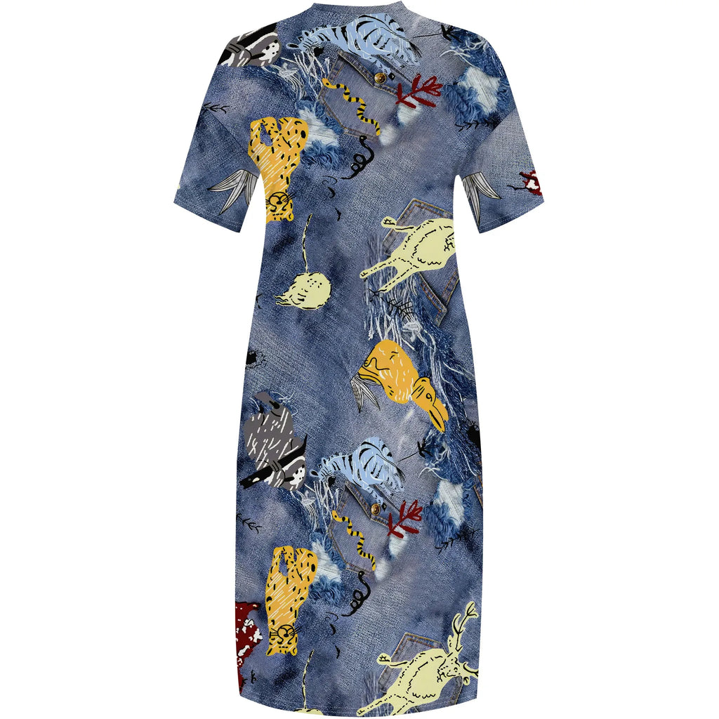 Plus Size Denim 3D Print Maxi Dress