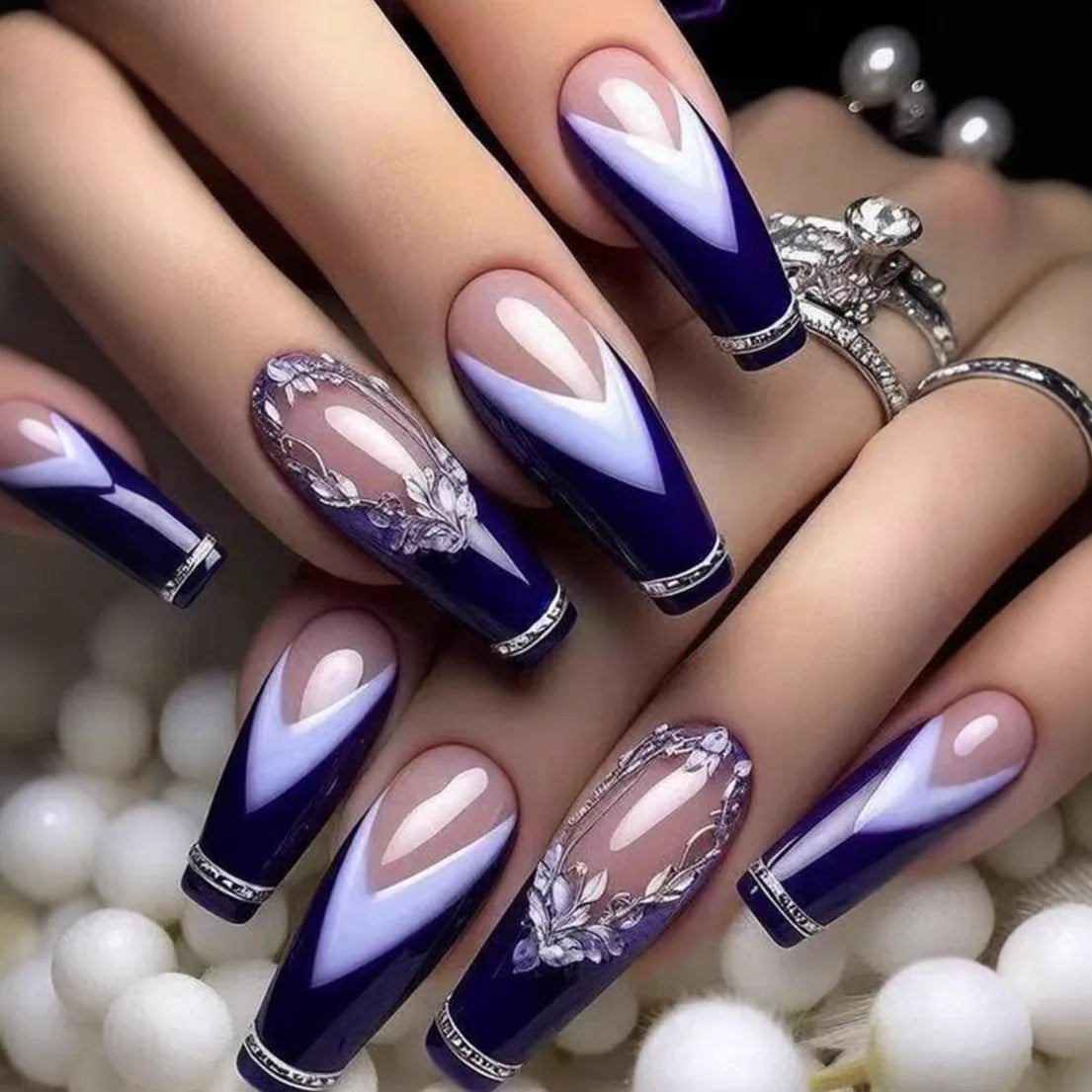 24pc Press on Nails Flower Design Mid-length Ballet