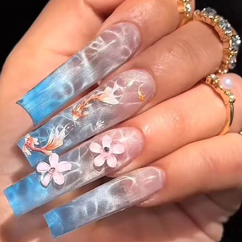 24Pc Long Ballet False Nails Pink Butterfly with Rhinestones French Design