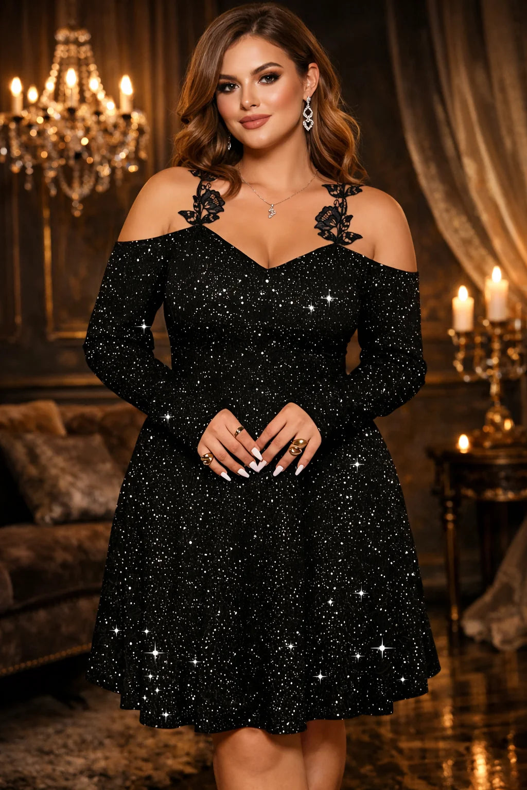 Women’s Black Off Shoulder Sequin Velvet Dress