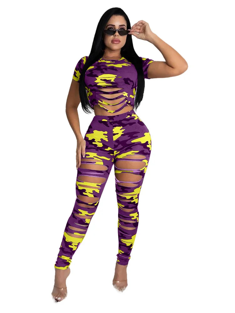 Two Piece Ripped Camouflage Print Pant Sets
