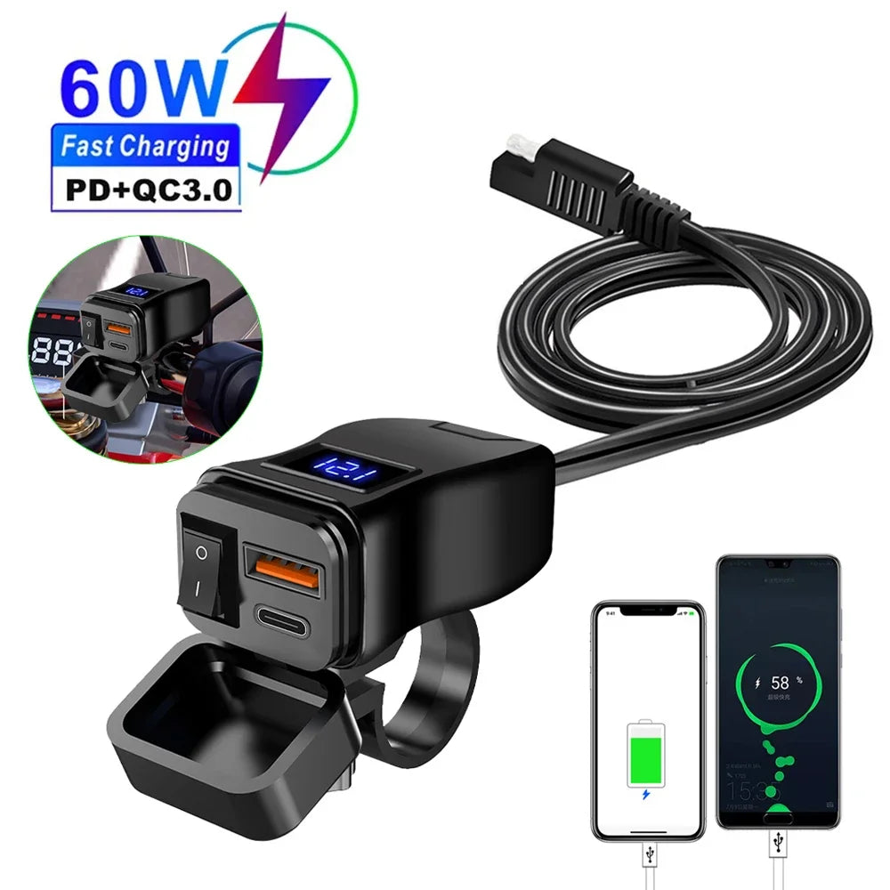 PD QC3.0 Motorcycle USB Fast Charger 60W Handlebar Dual USB Socket