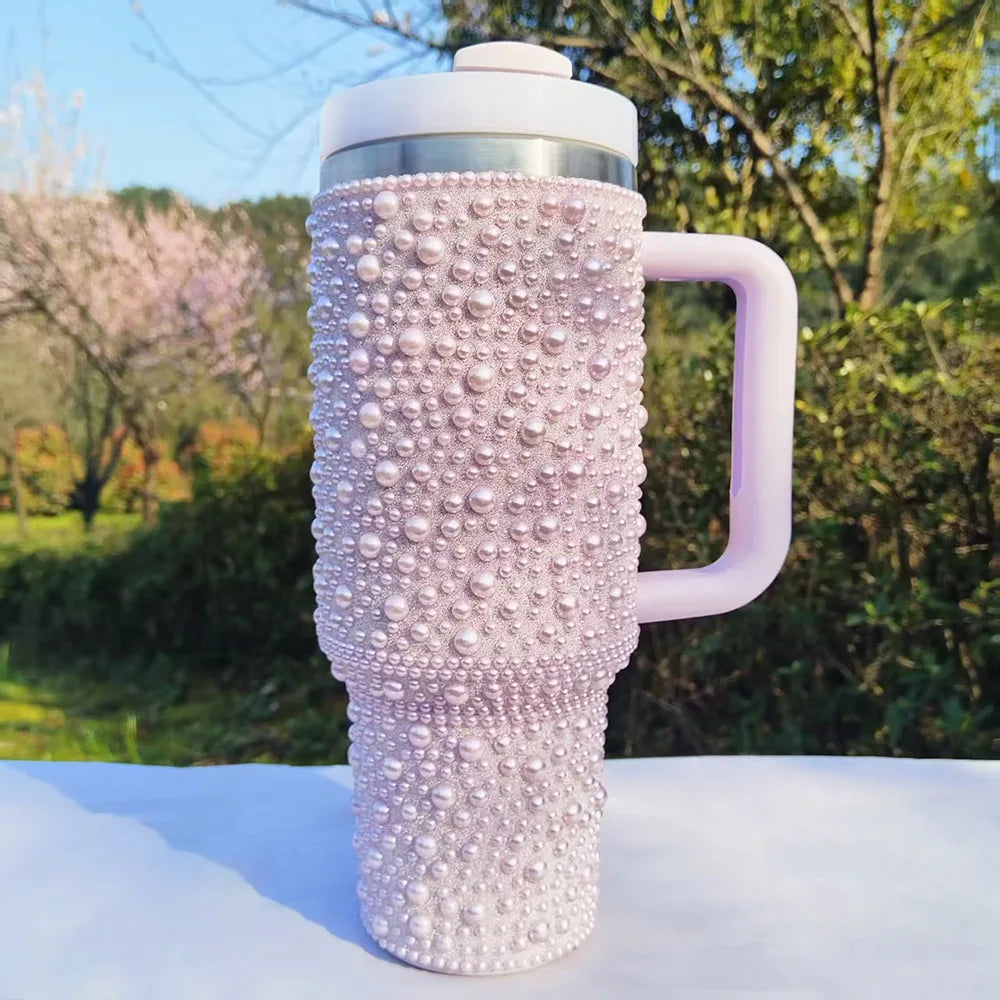 Pearls Bling 40oz Tumbler with Handle and Straw Stainless Steel