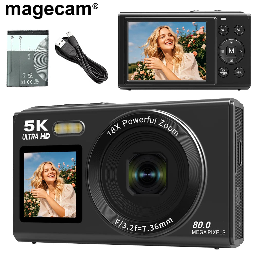 Magecam Digital Camera 5K 80MP 18X Digital Zoom Dual IPS Screen Camera