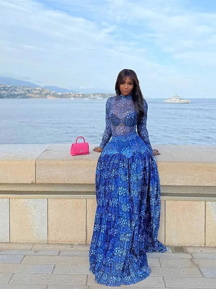 Royal Blue  Mid-turtleneck High Waist Transparent Dress with Sleeves