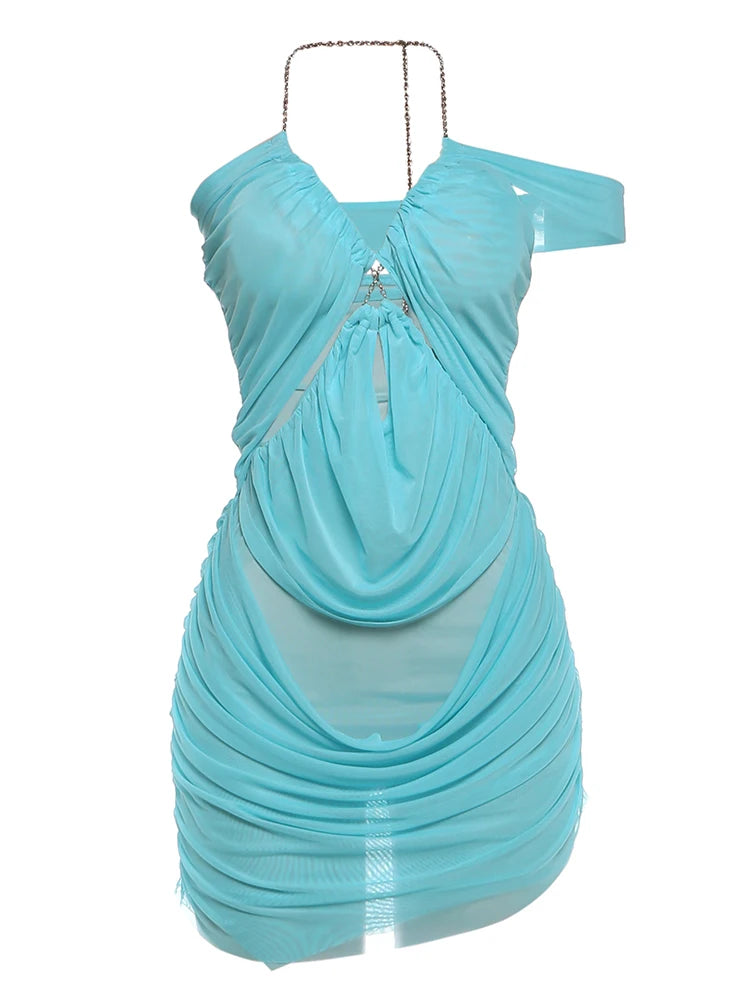 Metal Chain Halter Off Shoulder Backless Wrap Hip Bodycon Dress