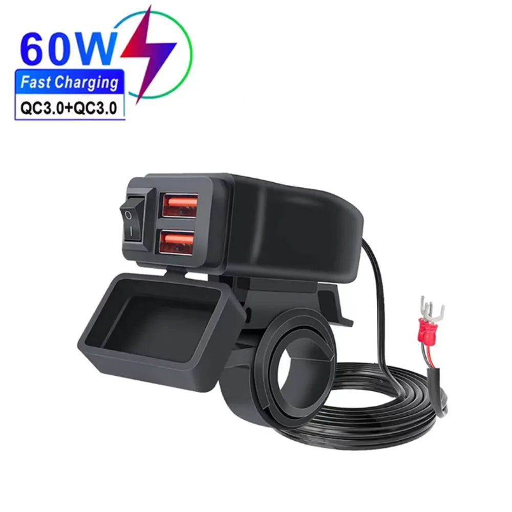 PD QC3.0 Motorcycle USB Fast Charger 60W Handlebar Dual USB Socket