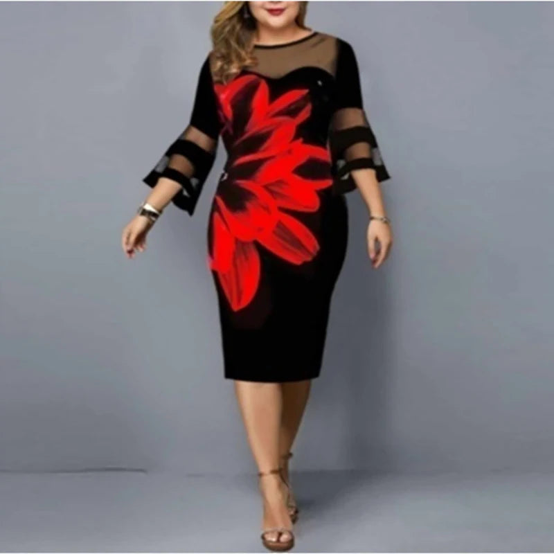 Plus Size Mesh Vintage Floral Printed Elegant Ladies Party Dresses