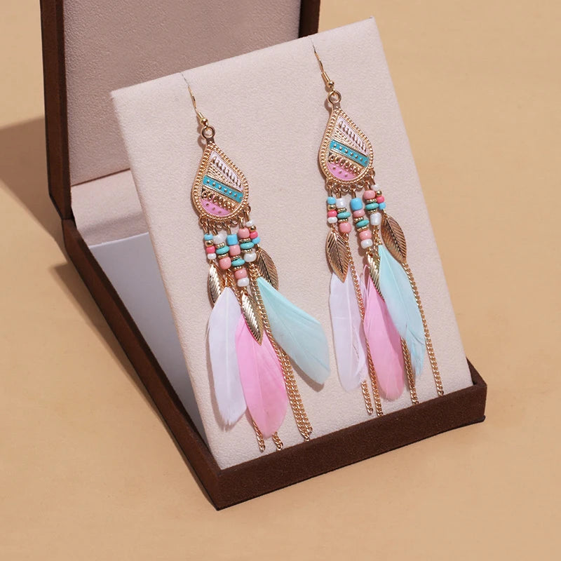 Boho Long Feather Dangle Earrings