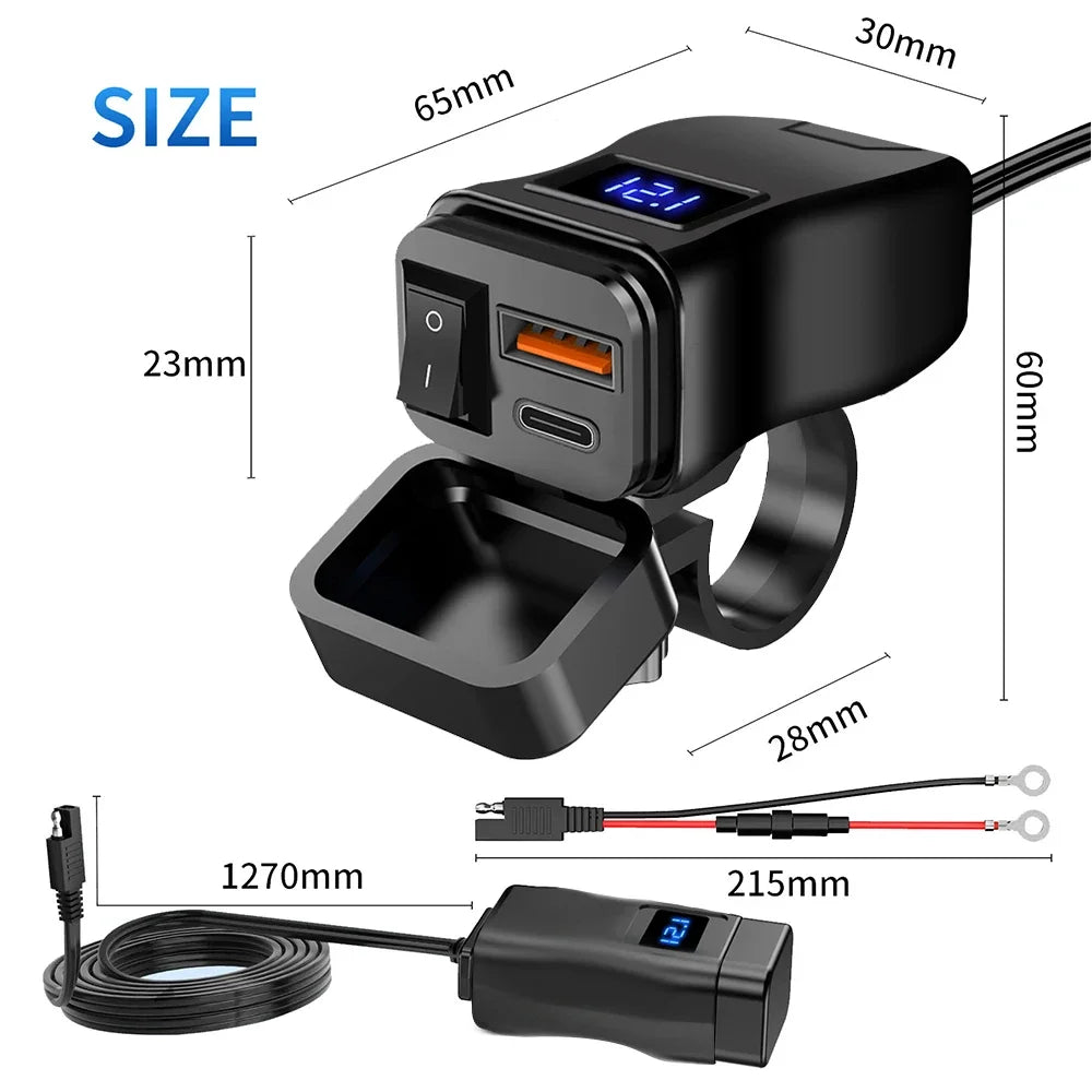 PD QC3.0 Motorcycle USB Fast Charger 60W Handlebar Dual USB Socket