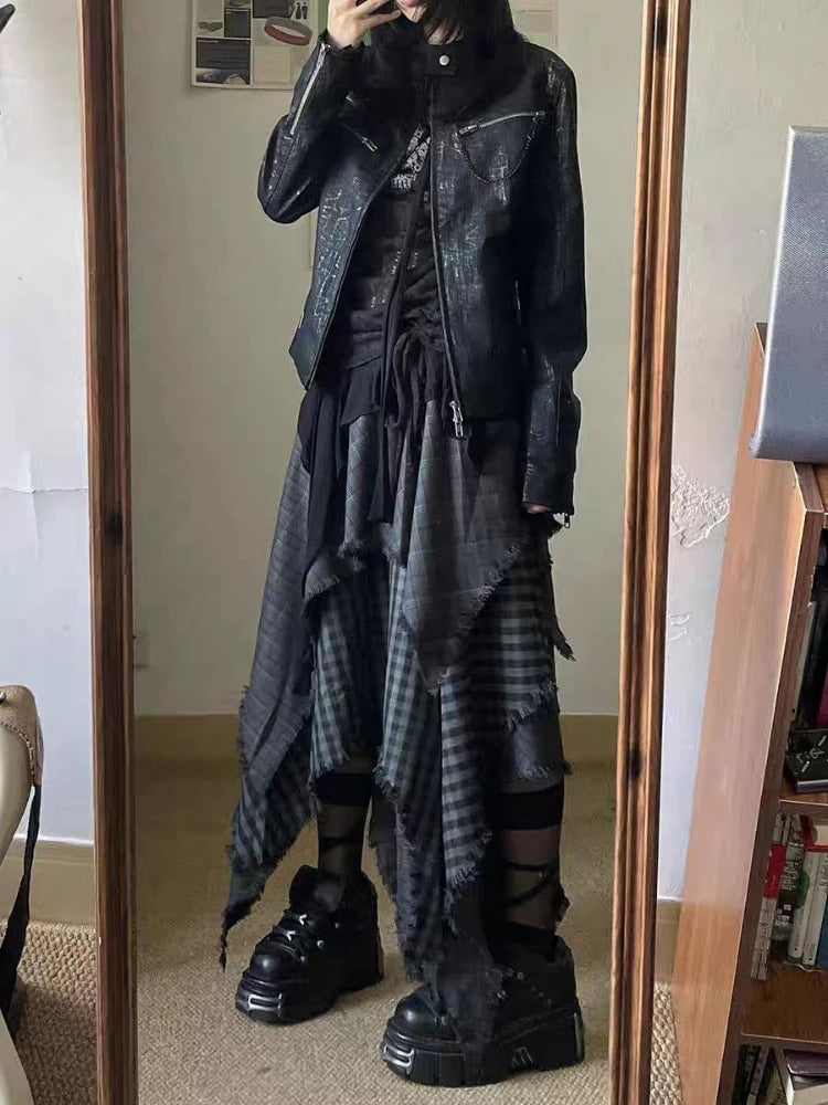 Irregular Plaid Women Skirt , High Waist A-line Skirt