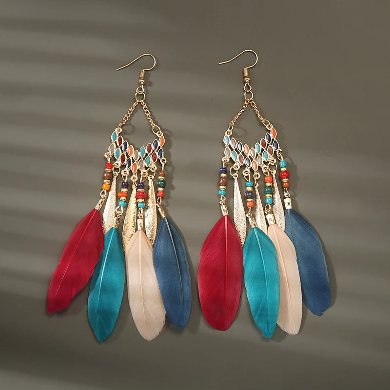 Boho Long Feather Dangle Earrings