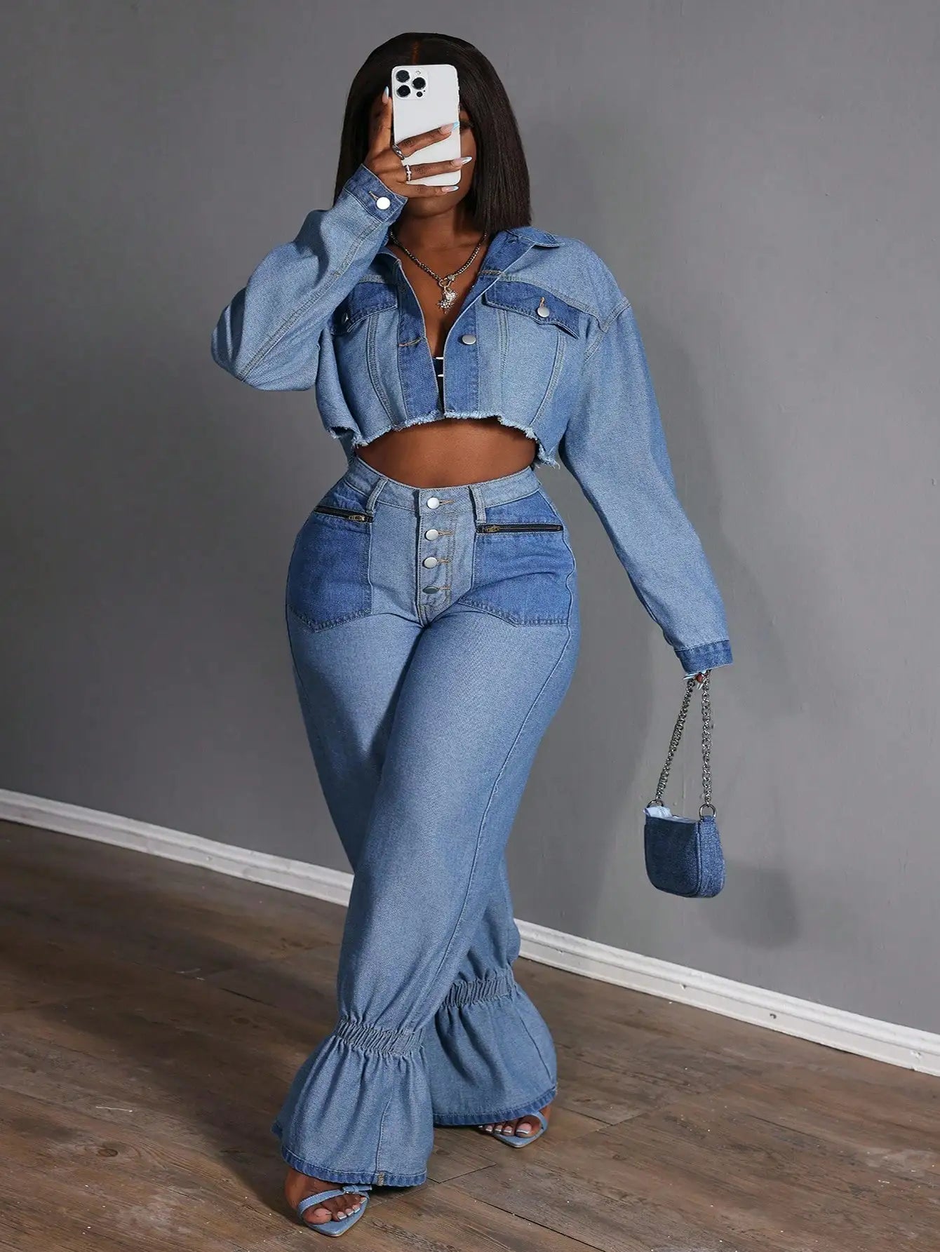 Plus Size Women Loose Versatile Denim Jeans With Zipper Pockets And Ruffle Hem