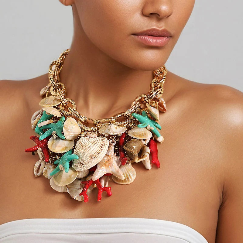 Statement Boho Beads Necklace Starfish&Shells Design