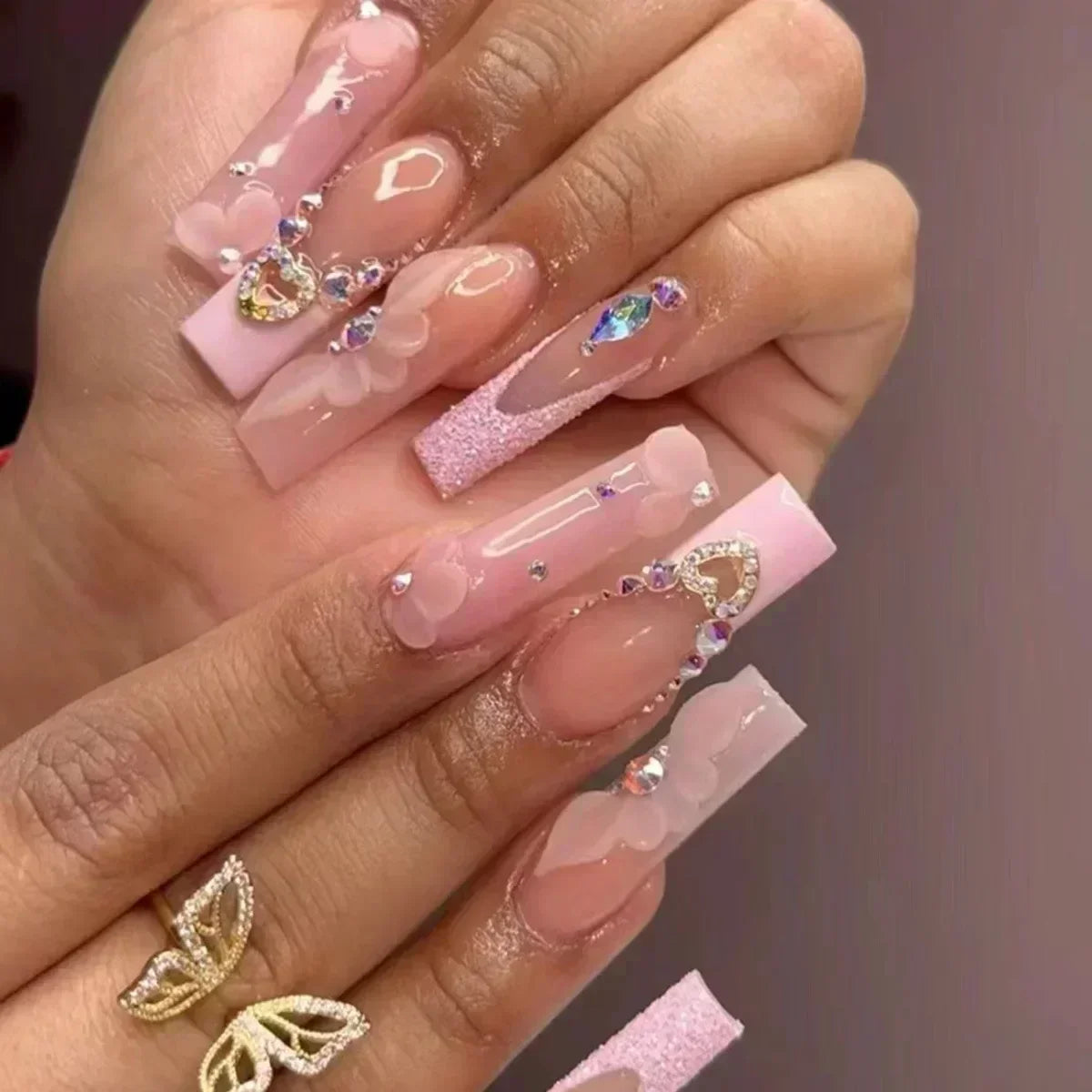 24Pc Long Ballet False Nails Pink Butterfly with Rhinestones French Design