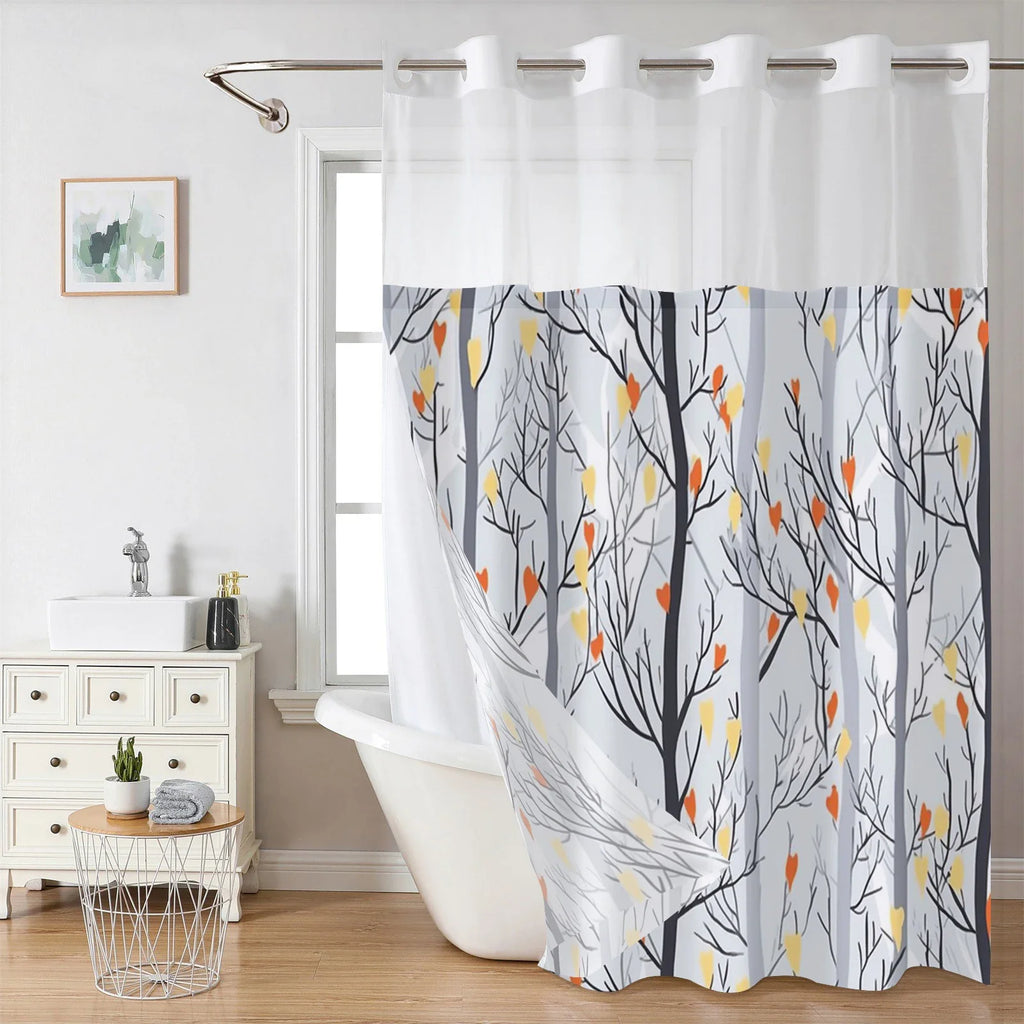 No Hook Plant Pattern Shower Curtain With Snap-in Fabric Liner