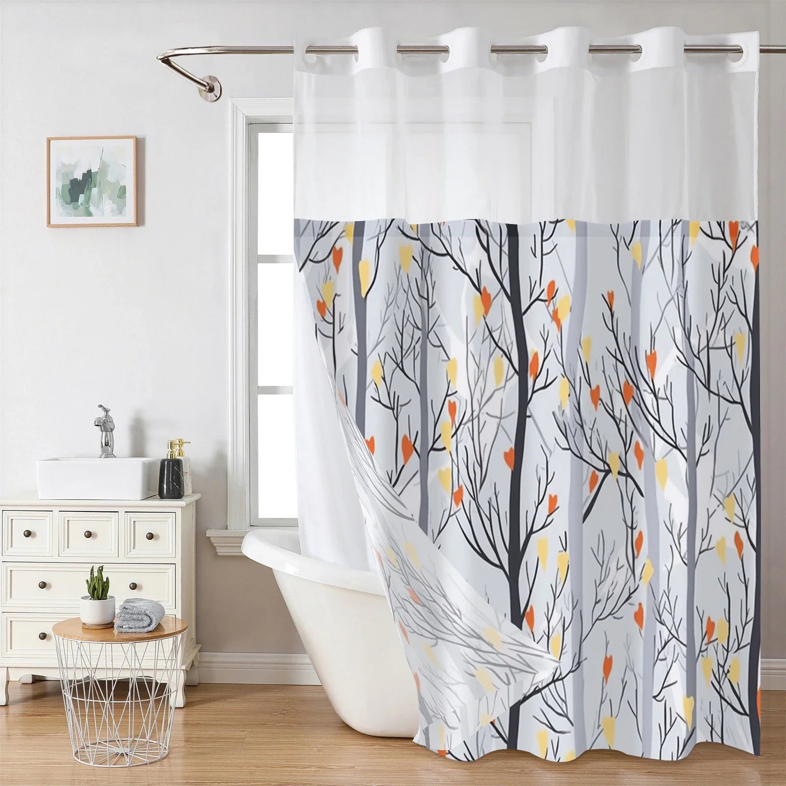 No Hook Plant Pattern Shower Curtain With Snap-in Fabric Liner