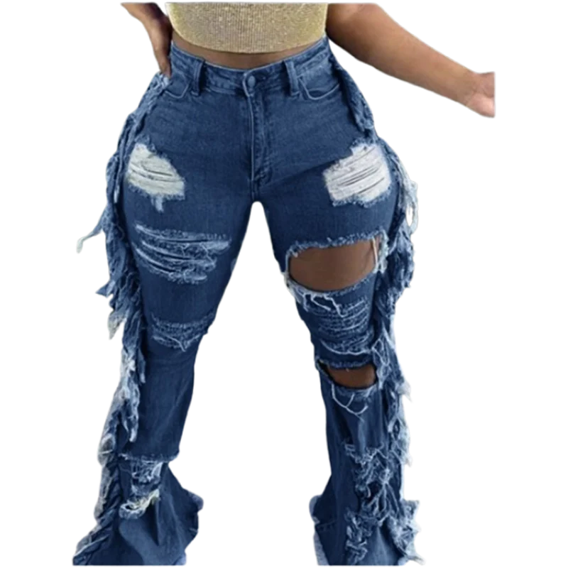 Blue Pocket Ripped Pants Women's Jeans