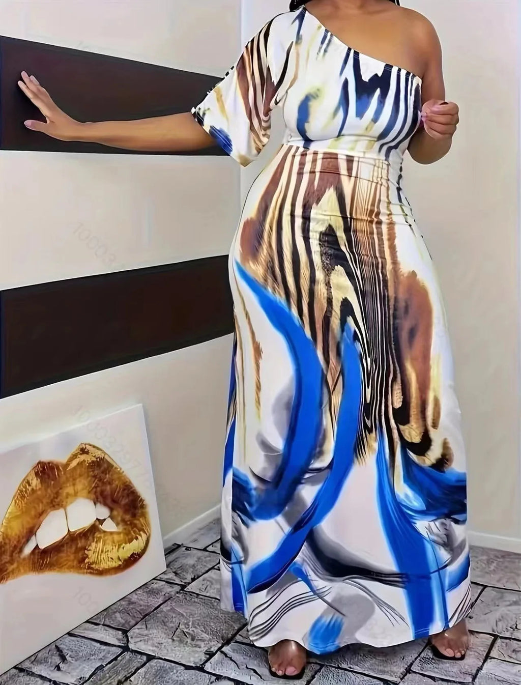 Plus Size Printed Single Sleeved Off Shoulder Dress