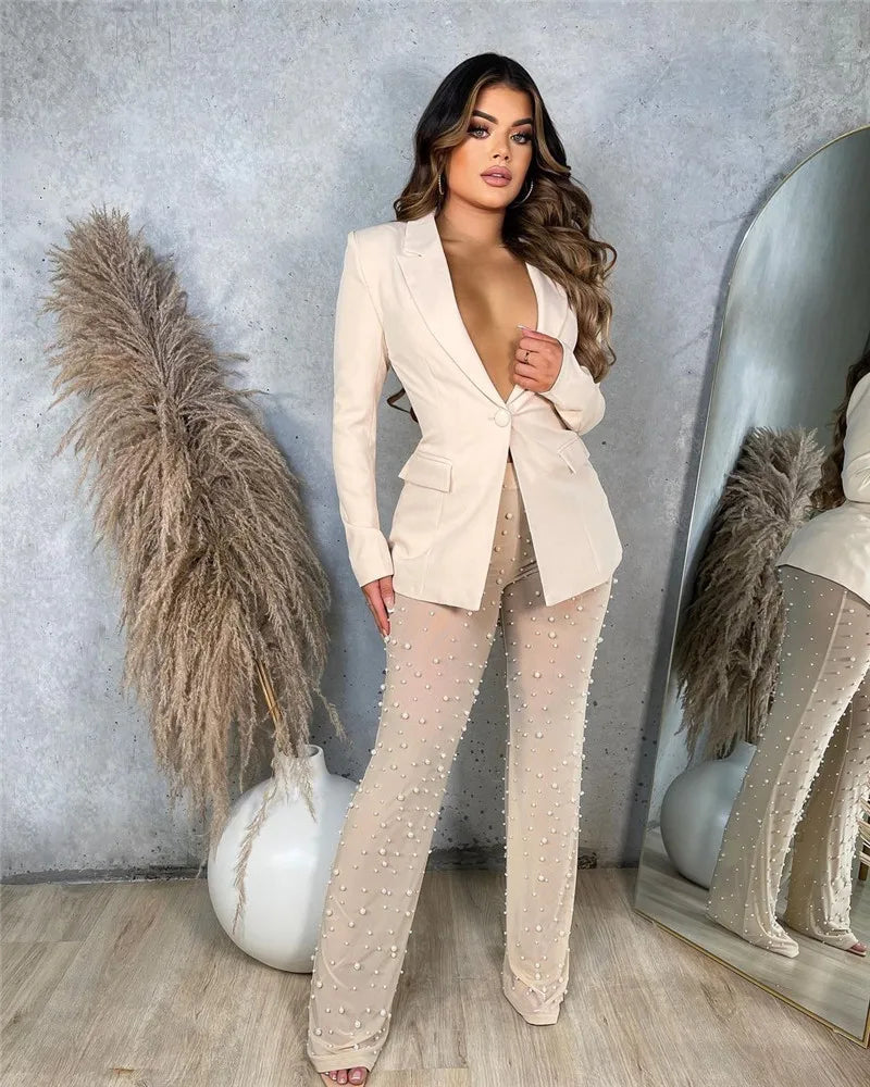 Sexy Two Piece Single Button Blazer Coat Pearl Mesh Sheer Pant Suit