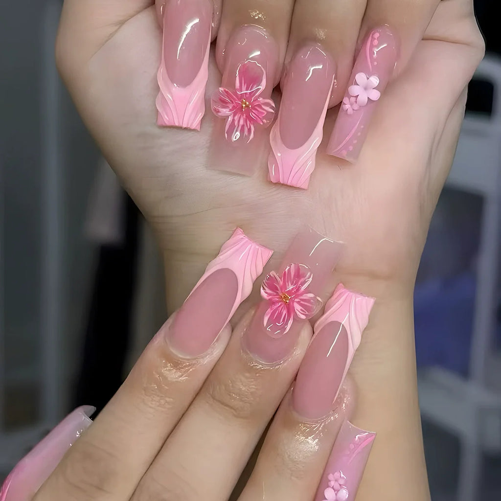 24Pc Long Ballet False Nails Pink Butterfly with Rhinestones French Design