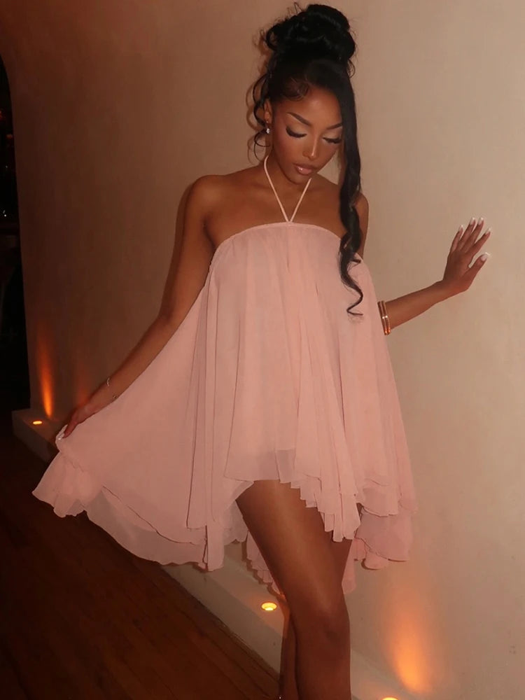 Lace-Up Halter Off Shoulder Backless Irregular Hem Dress