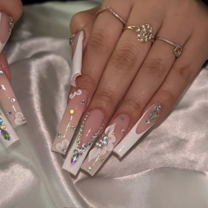 24Pc Long Ballet False Nails Pink Butterfly with Rhinestones French Design