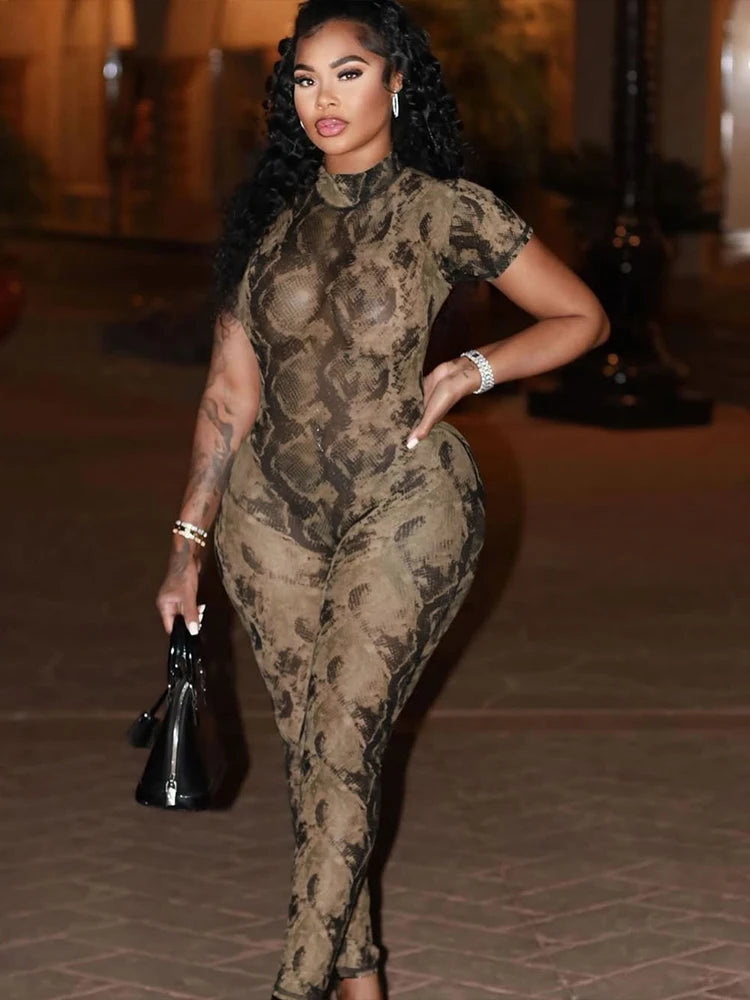 Women Backless Dragon Print Short Sleeve See Through Jumpsuit