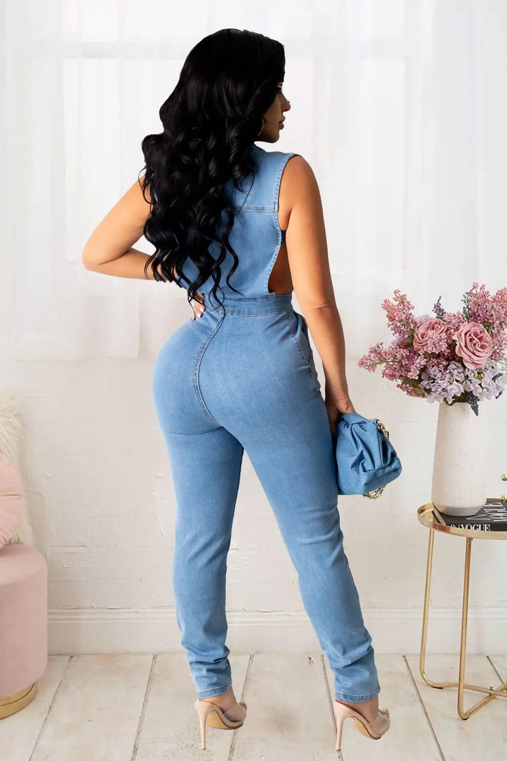 Women Spliced Washed Pencil Skinny Jean One Piece