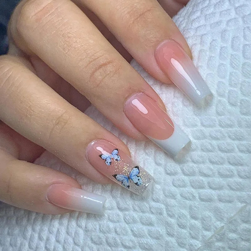 24Pcs Long Coffin French Press on Acrylic Nails
