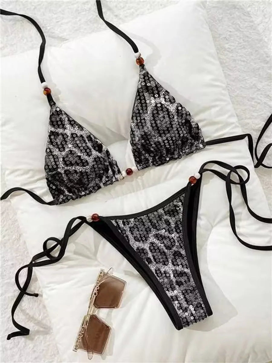 Leopard Sequins Halter Strap Bikini